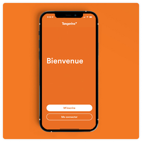Un téléphone cellulaire équipé de l’application bancaire mobile de Tangerine s’ouvre sur l’écran « Bienvenue ».