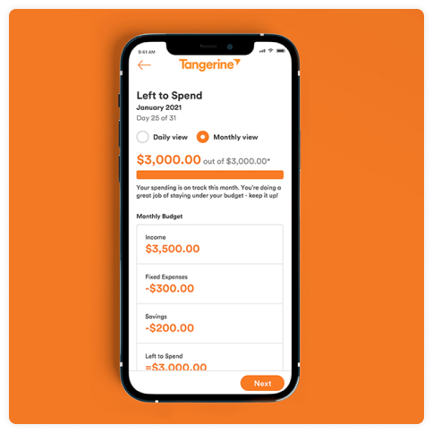 A mobile phone showing Tangerine’s money management tool called Left to Spend. 