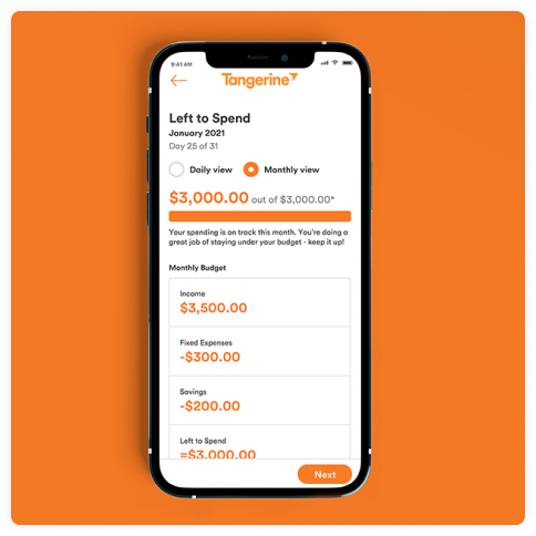 A mobile phone showing Tangerine’s money management tool called Left to Spend.