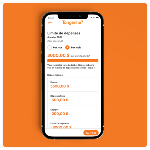 Un téléphone cellulaire montrant l’Outil de gestion d’argent de Tangerine appelé Limite de dépenses.