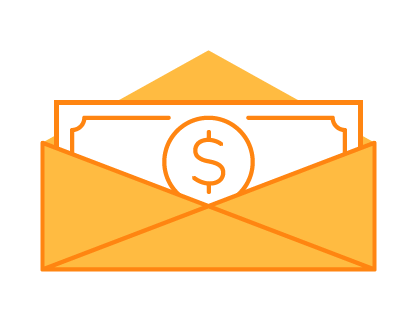 Orange envelope with a dollar bill halfway in