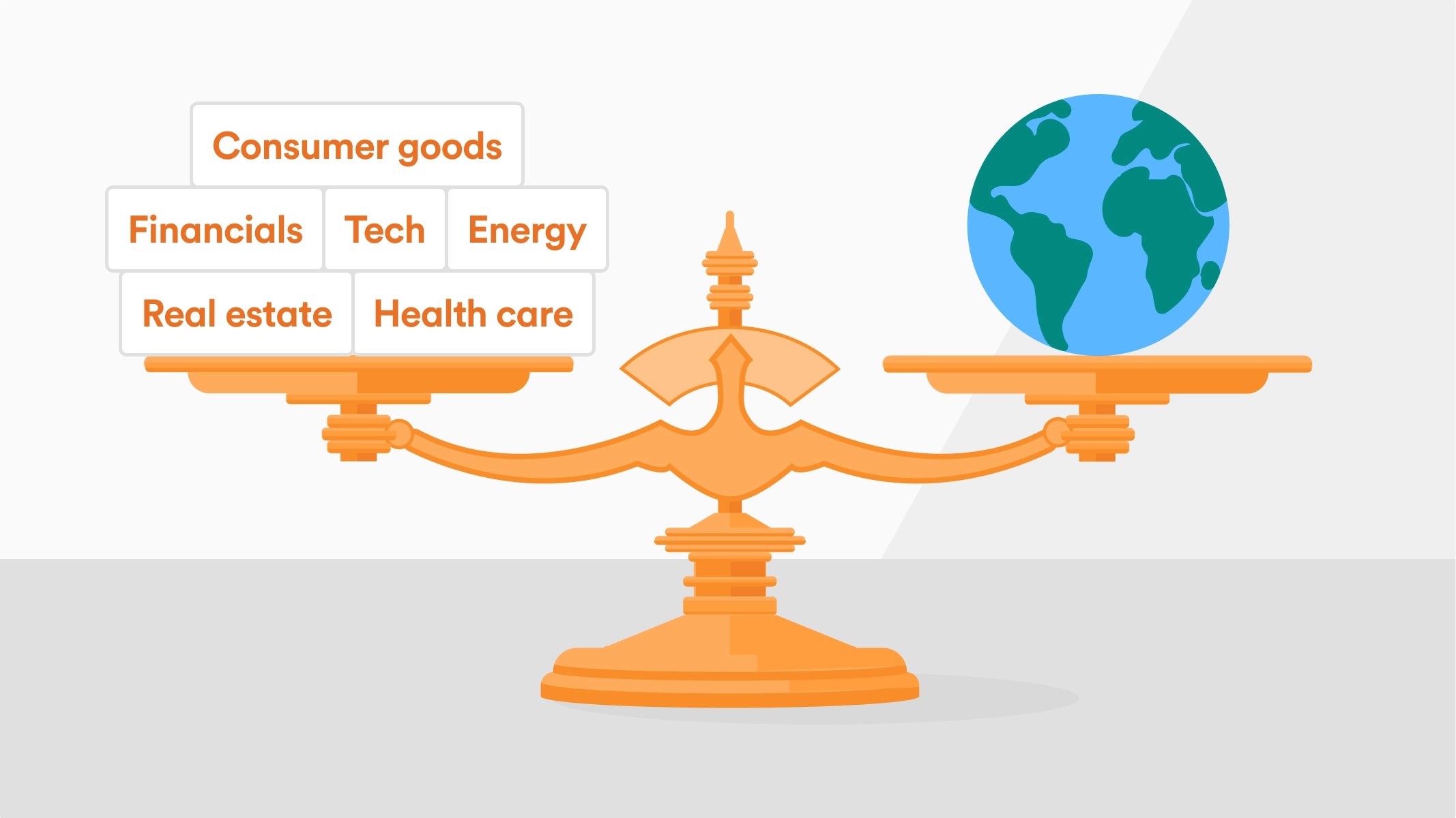 Diversification scale Illustration of a balanced scale with a globe on one side and six boxes on the other side, representing consumer goods, financials, tech, energy, real estate and health care.
