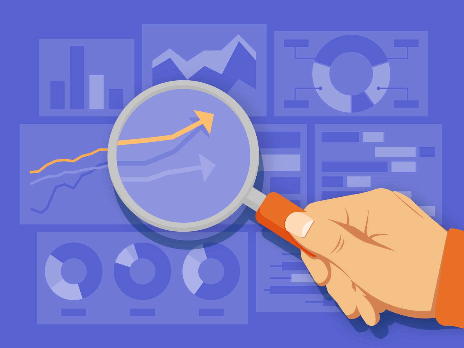 Illustration of a hand holding a magnifying glass over a series of charts and graphs.