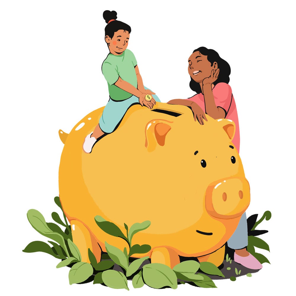 Illustration of mom with a girl sitting on a giant piggy bank.