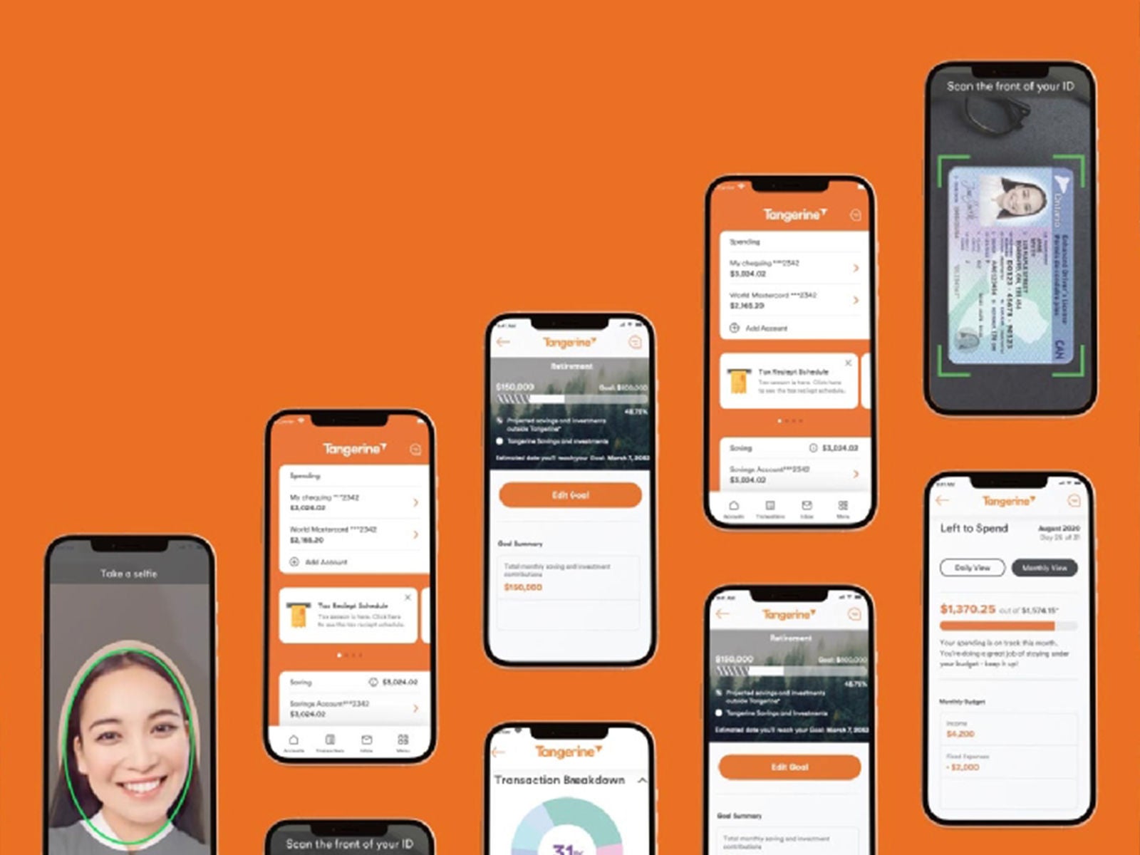 Plusieurs téléphones intelligents affichant différentes fonctionnalités de l’appli bancaire de Tangerine, telles que le dépôt de chèques à partir d’un appareil mobile et les données biométriques.