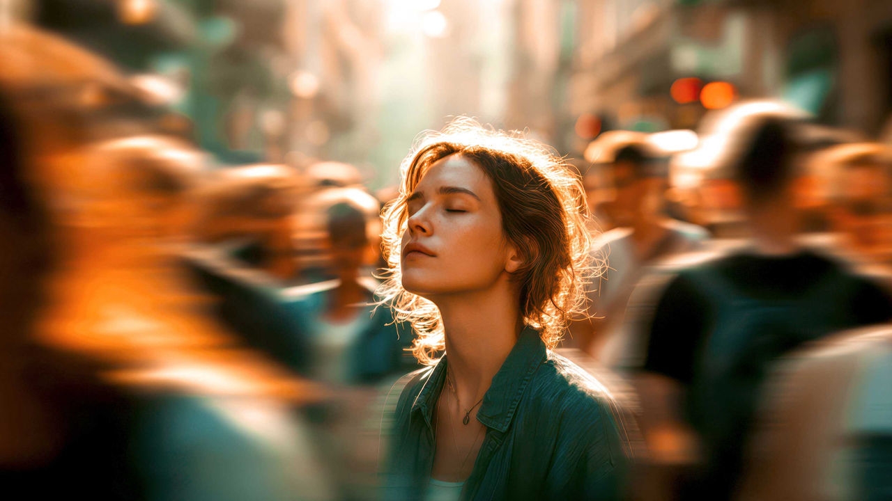 Une jeune femme, immobile, les yeux fermés, au milieu d'une rue animée, trouve le calme et la pleine conscience tandis que la foule floue se déplace autour d'elle.