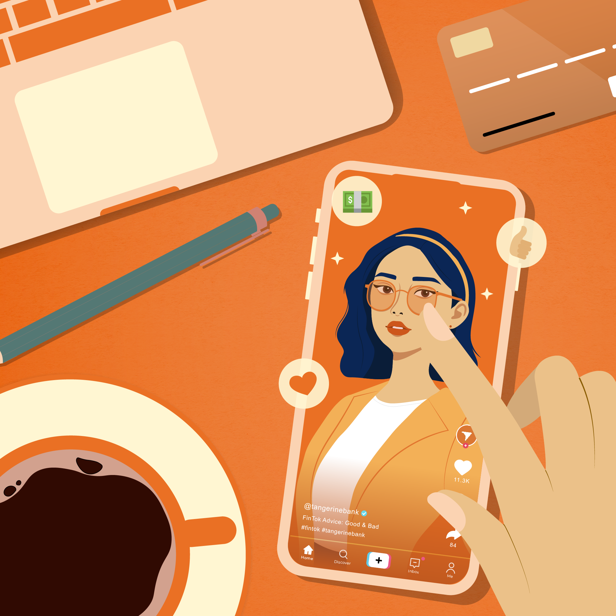 Illustration of a finger swiping a phone showing a female influencer surrounded by emojis.
