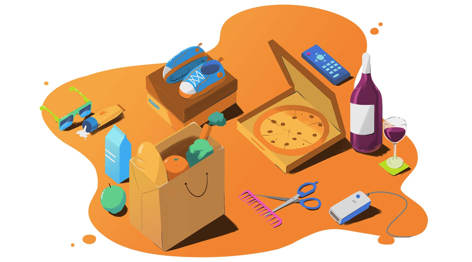 illustration of various expenses, including groceries, takeout pizza, wine, shoes and electronics.