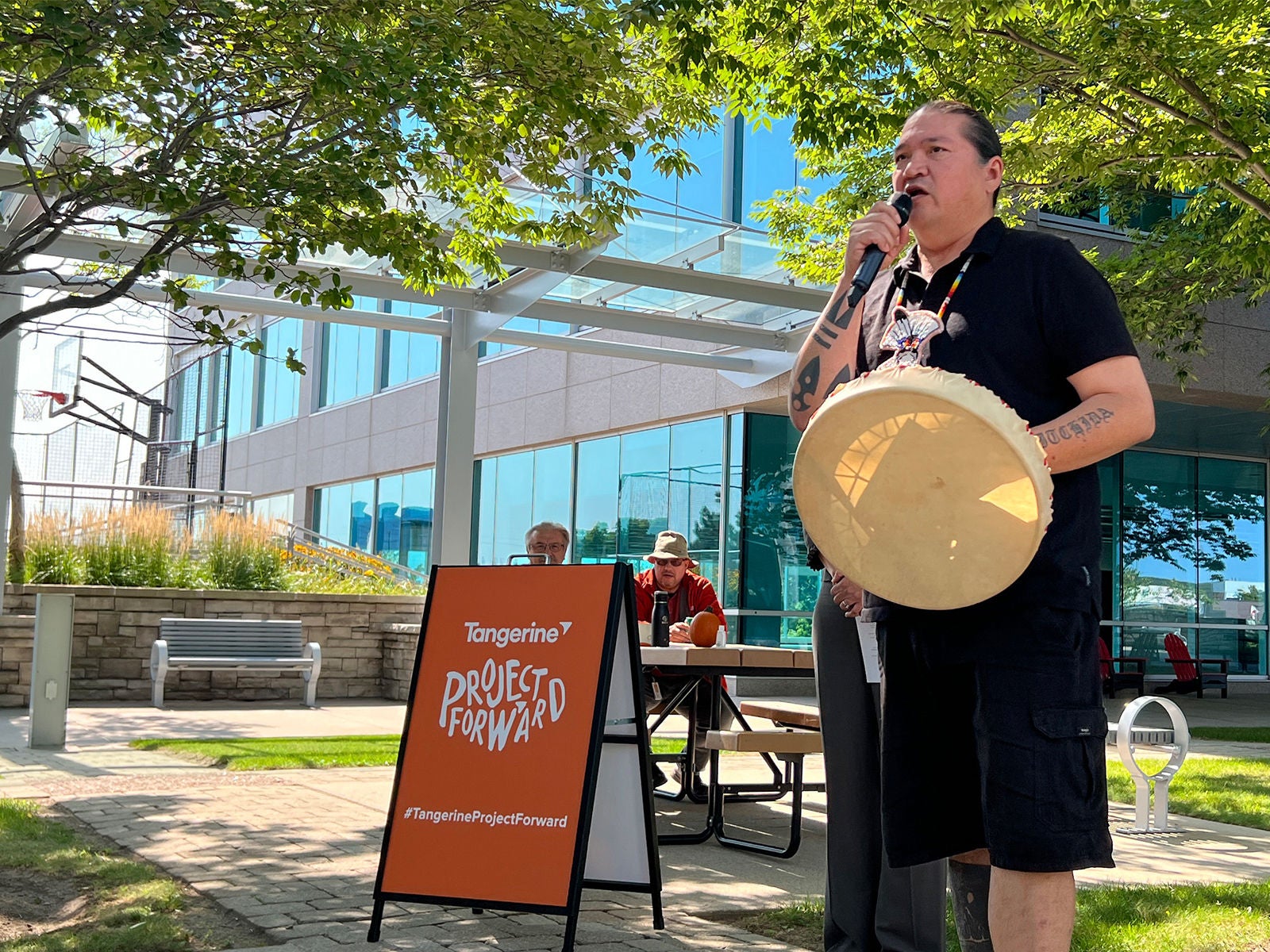 Ian Akiwenzie performing an Anishnaabe welcome honour song during Tangerine's observation of the National Day for Truth and Reconciliation. 
