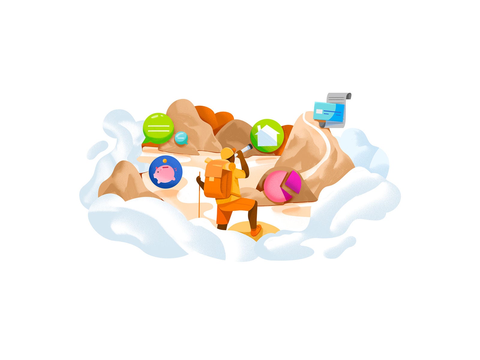 An illustrated explorer with a large backpack, using a telescope to look at finance themed icons scattered through mountains.