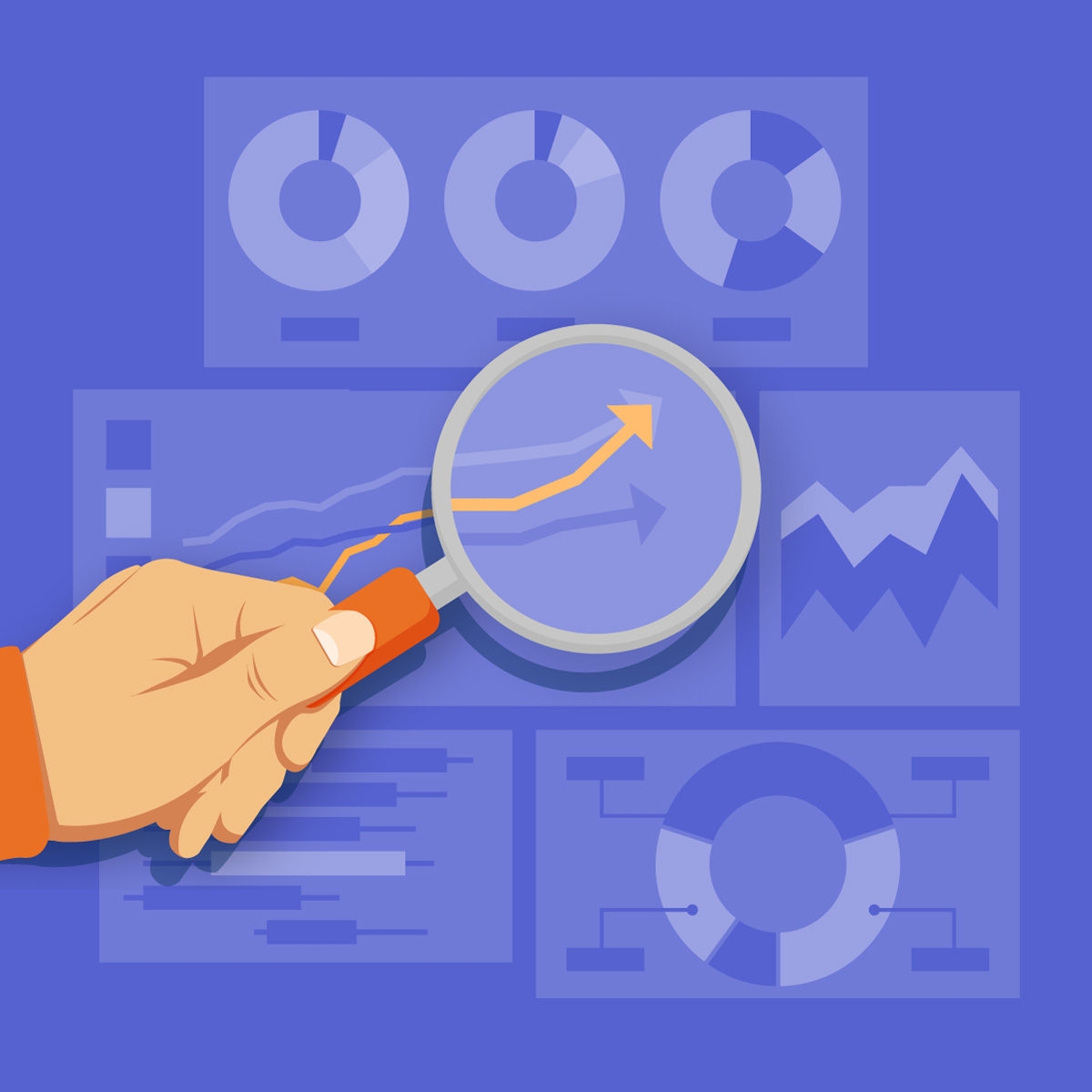 Illustration of a hand holding a magnifying glass over a series of charts and graphs.