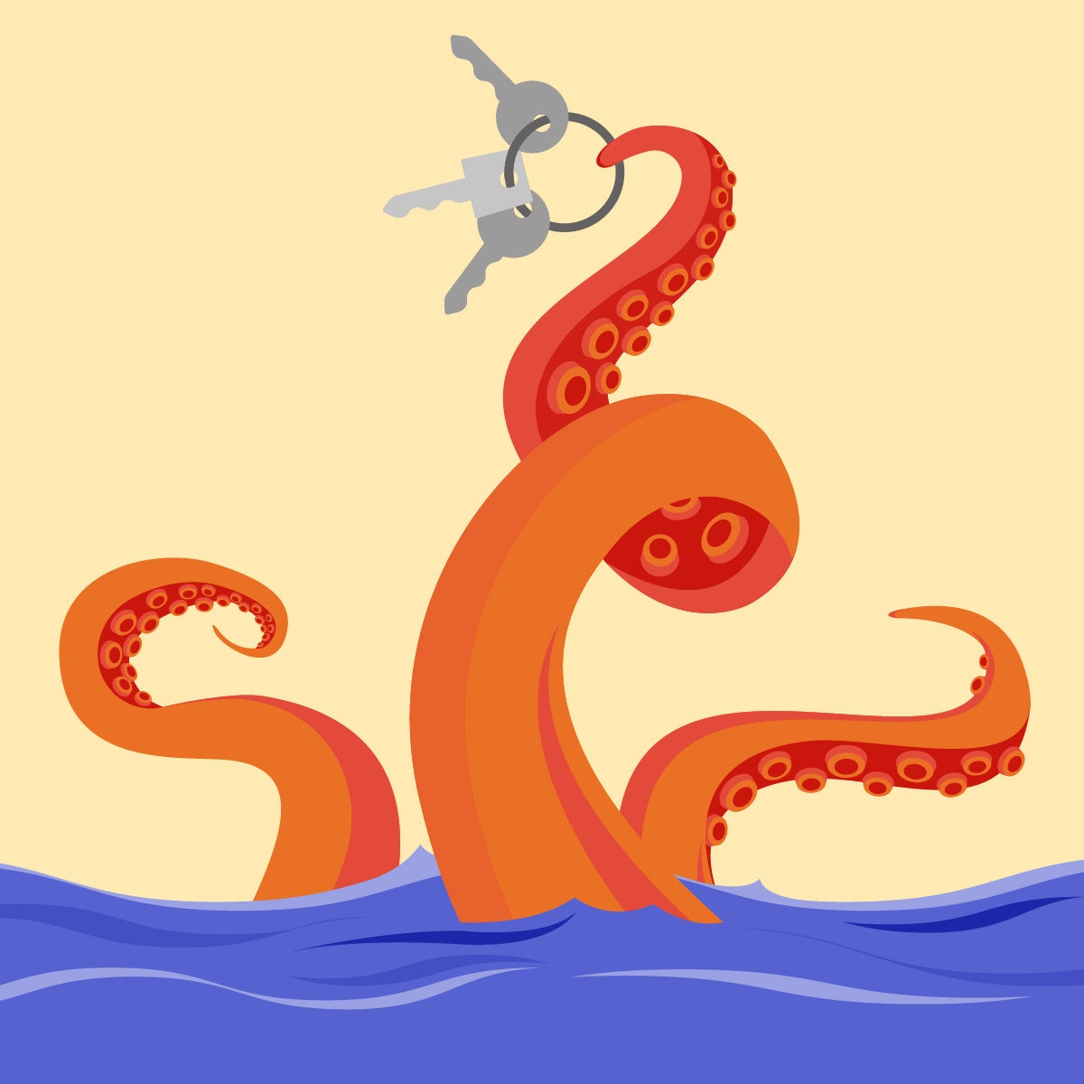 Illustration of the tentacles of a sea creature coming out of the water, one of them holding a set of house keys.