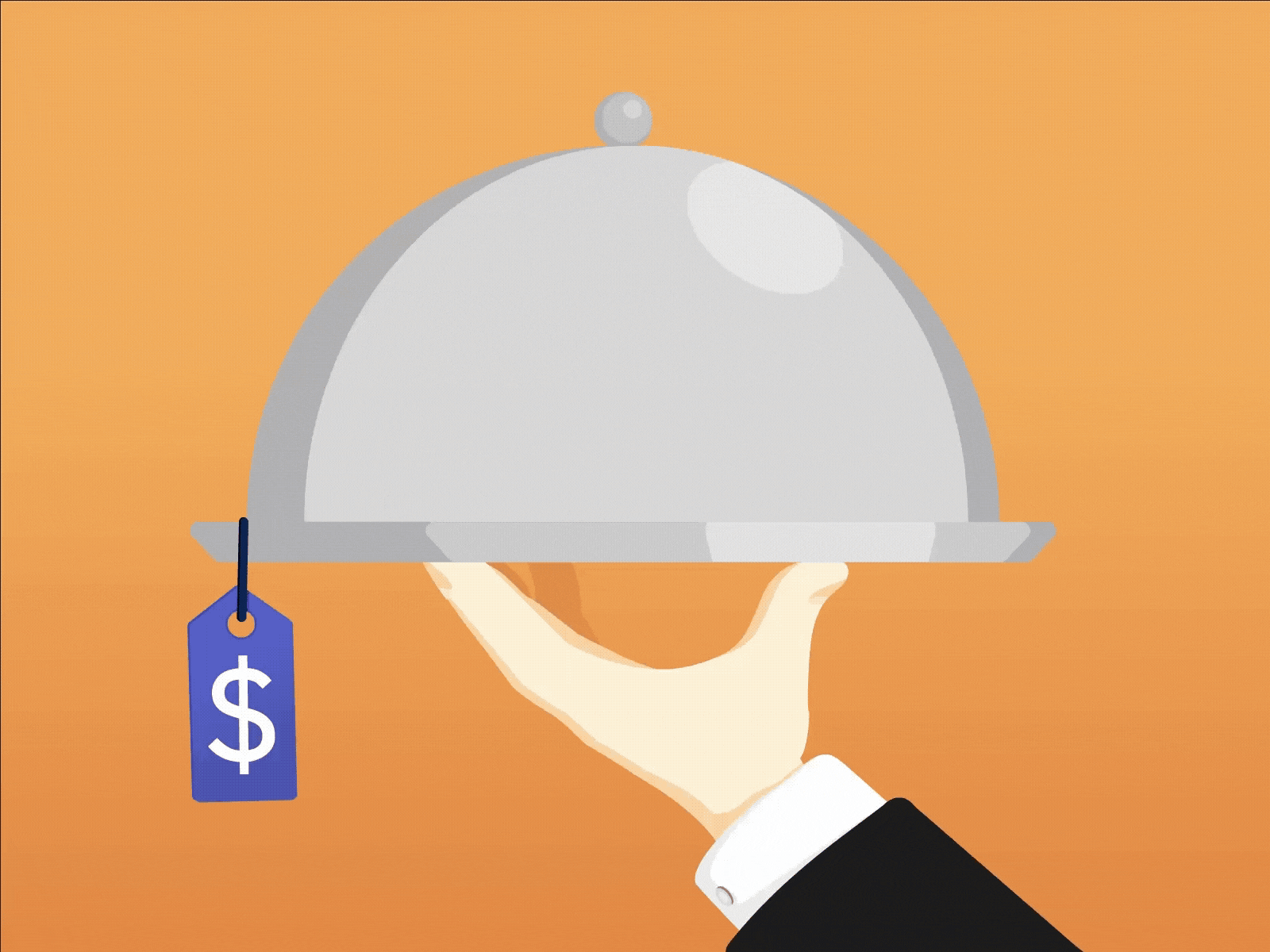 Illustration of a waiter holding a cloche and platter with a price tag dangling off the side.  