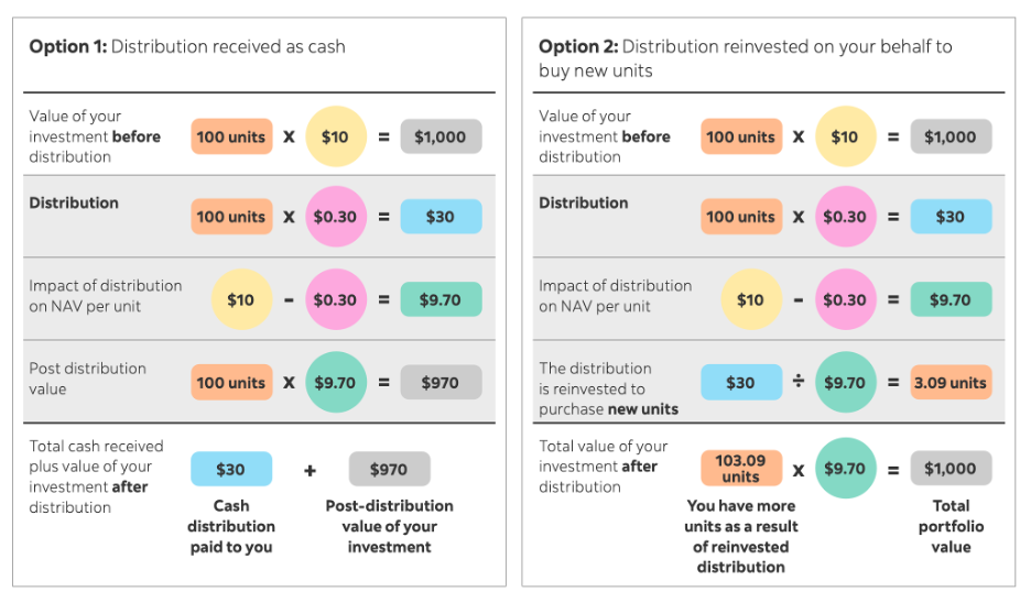 Illustration showing distribution scenarios. Option 1: receiving the distribution as cash, or Option 2: reinvesting it into additional units of the fund.