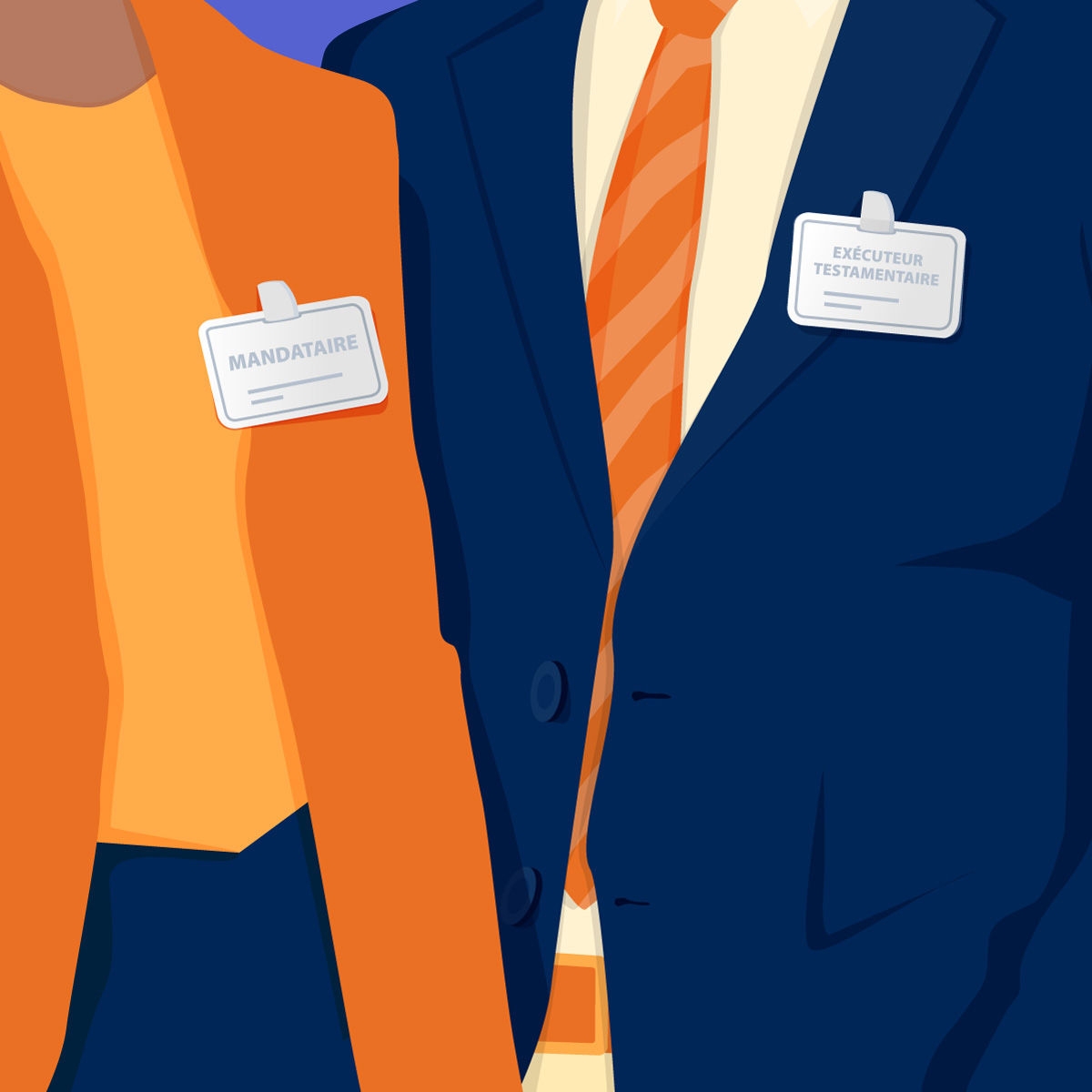Illustration en gros plan de deux personnes en costume portant des badges indiquant « Mandataire » et « Exécuteur testamentaire ».