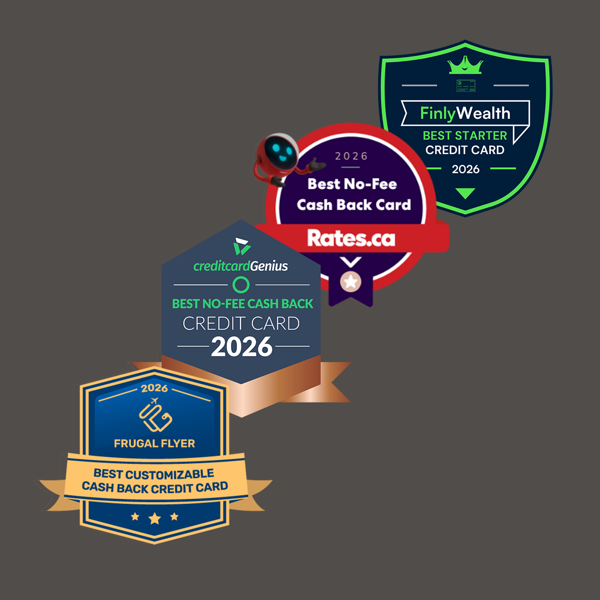 Image composite montrant les badges obtenus par les cartes de crédit Tangerine en 2026, d'après Frugal Flyer, creditcardGenius, Rates.ca et FinlyWealth.