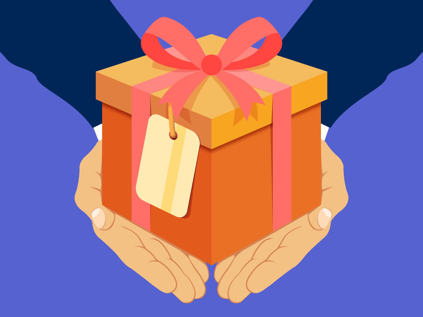 cash back Illustration of hands holding a present wrapped with a credit card dangling from the ribbon.