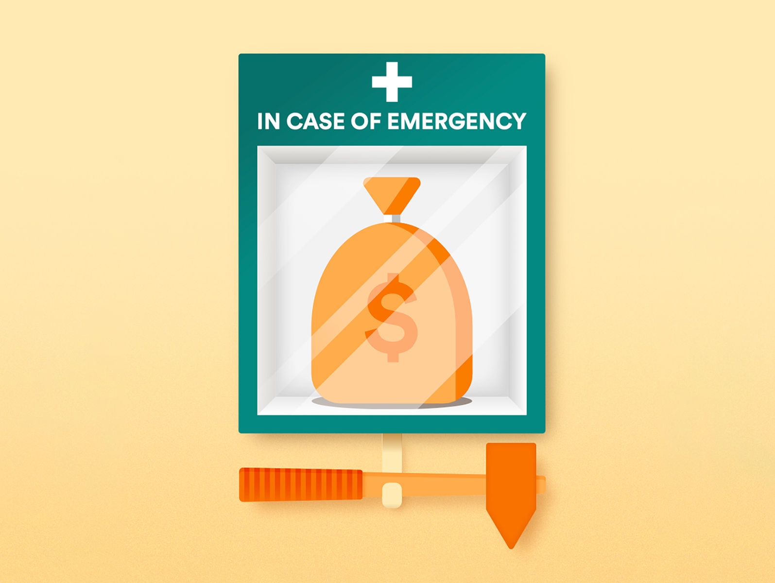 Illustration of a bag of money in a glass box with a hammer attached and the words 'In case of emergency' over top.