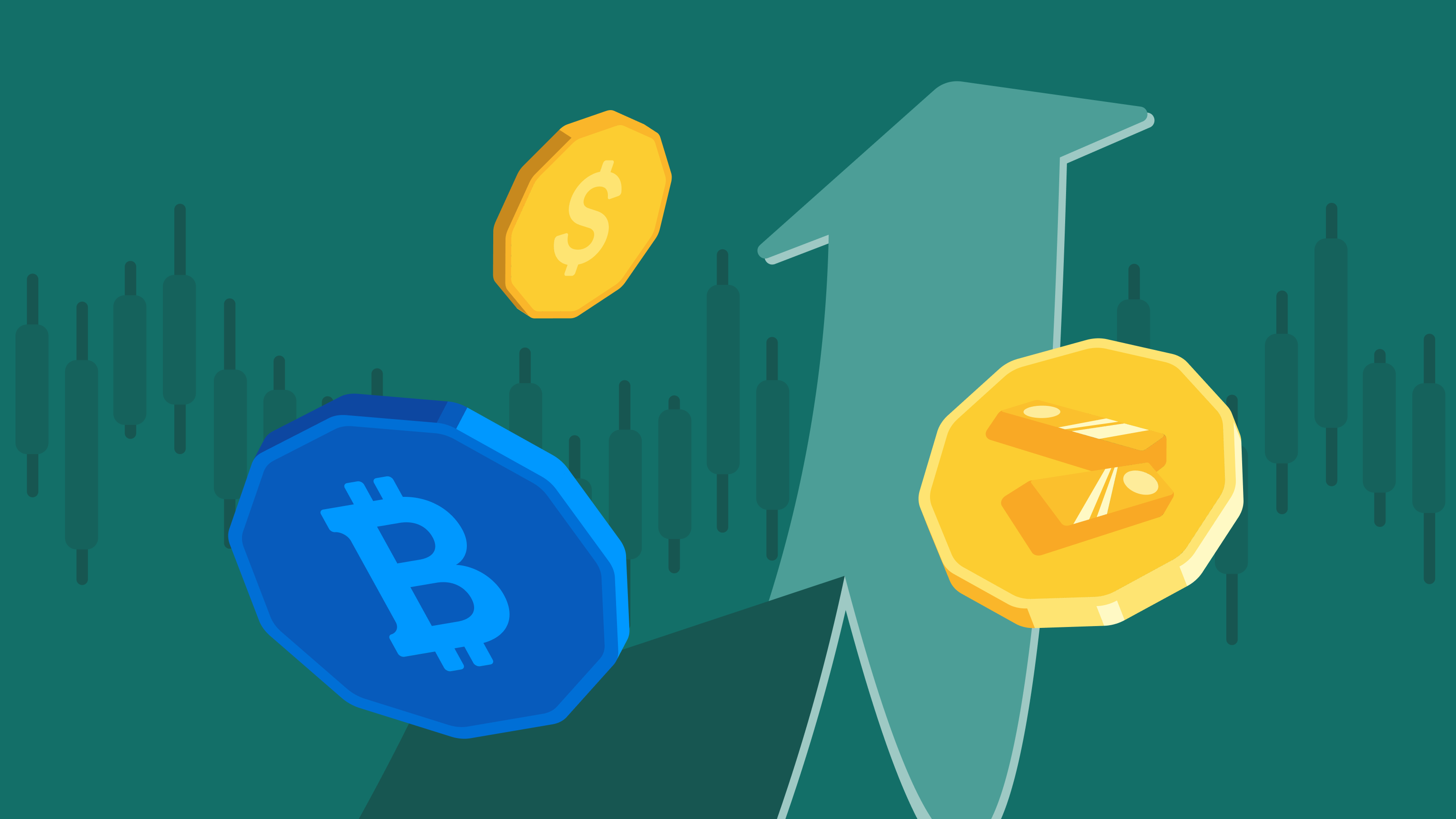 Illustration montrant un graphique boursier en hausse entouré de pièces de monnaie flottantes.