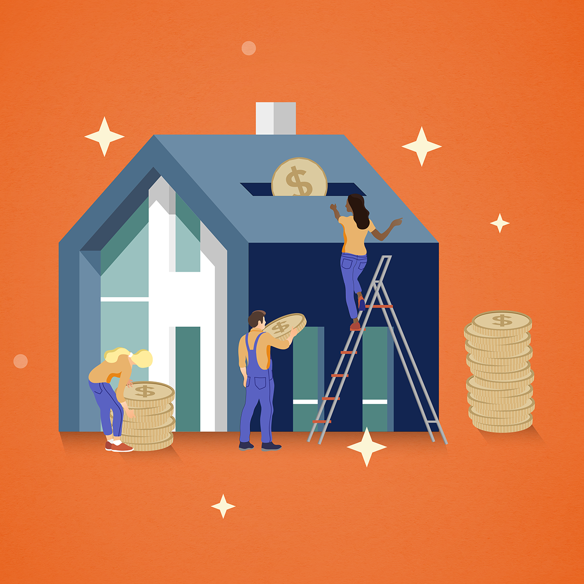 Image illustrant trois personnes déposant de grosses pièces dans une ouverture sur le toit d’une maison.