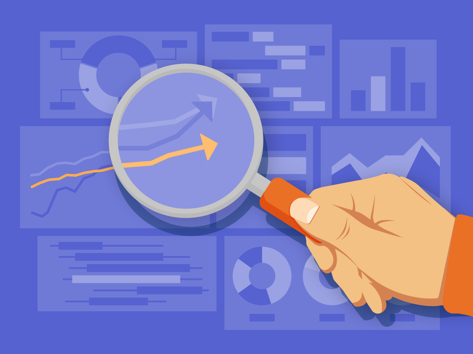Illustration of a hand holding a magnifying glass over a series of charts and graphs.