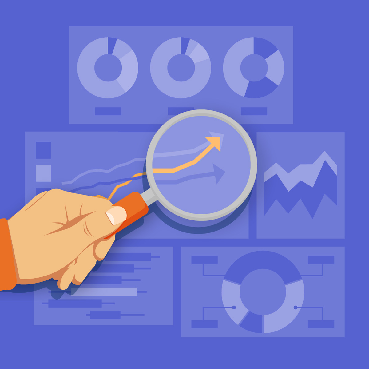 Illustration of a hand holding a magnifying glass over a series of charts and graphs.