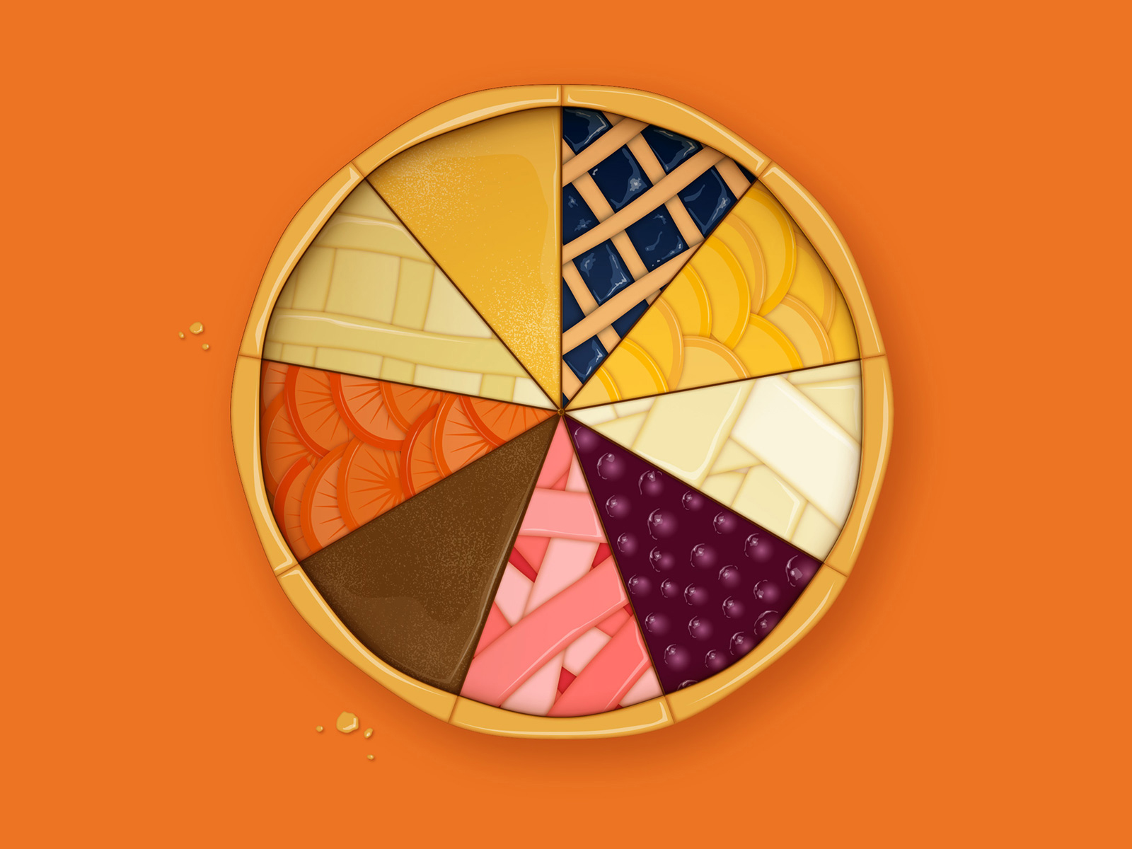 Illustration of a pie made up of slices of different kinds of pie.
