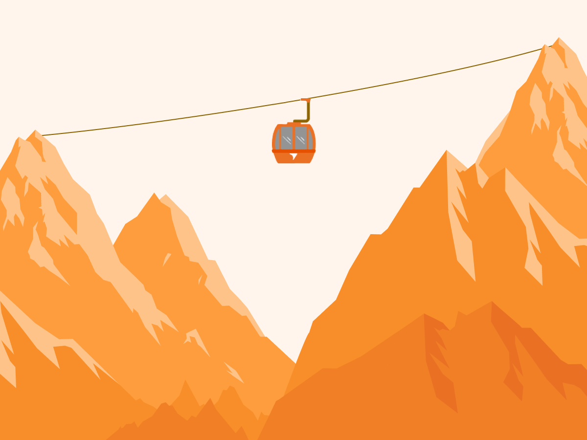 Illustration of a cable car with the Tangerine logo on it navigating between two high mountain peaks.