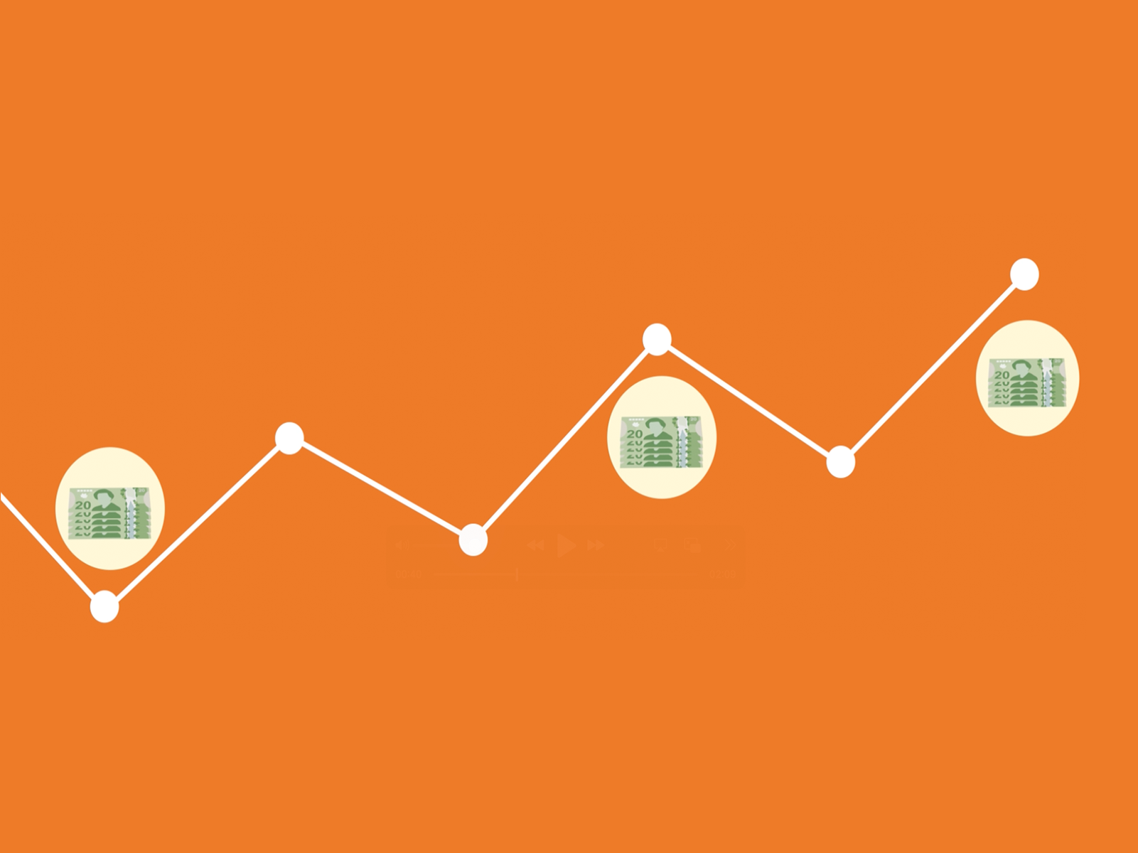 Illustration d'un graphique linéaire, avec des piles de billets de 20 dollars à plusieurs points le long de la ligne.
