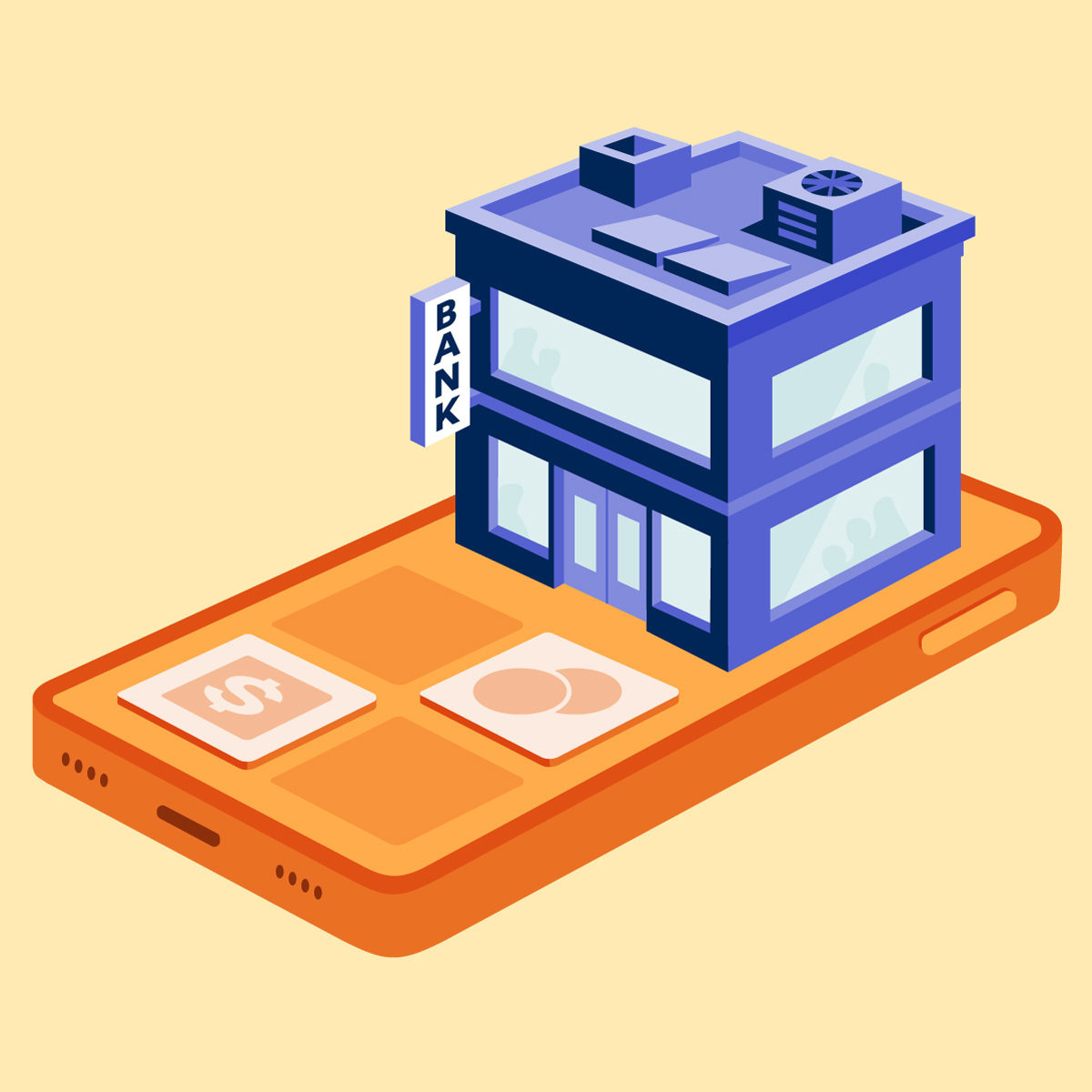 Illustration of a miniature bank building sitting on top of a smartphone.