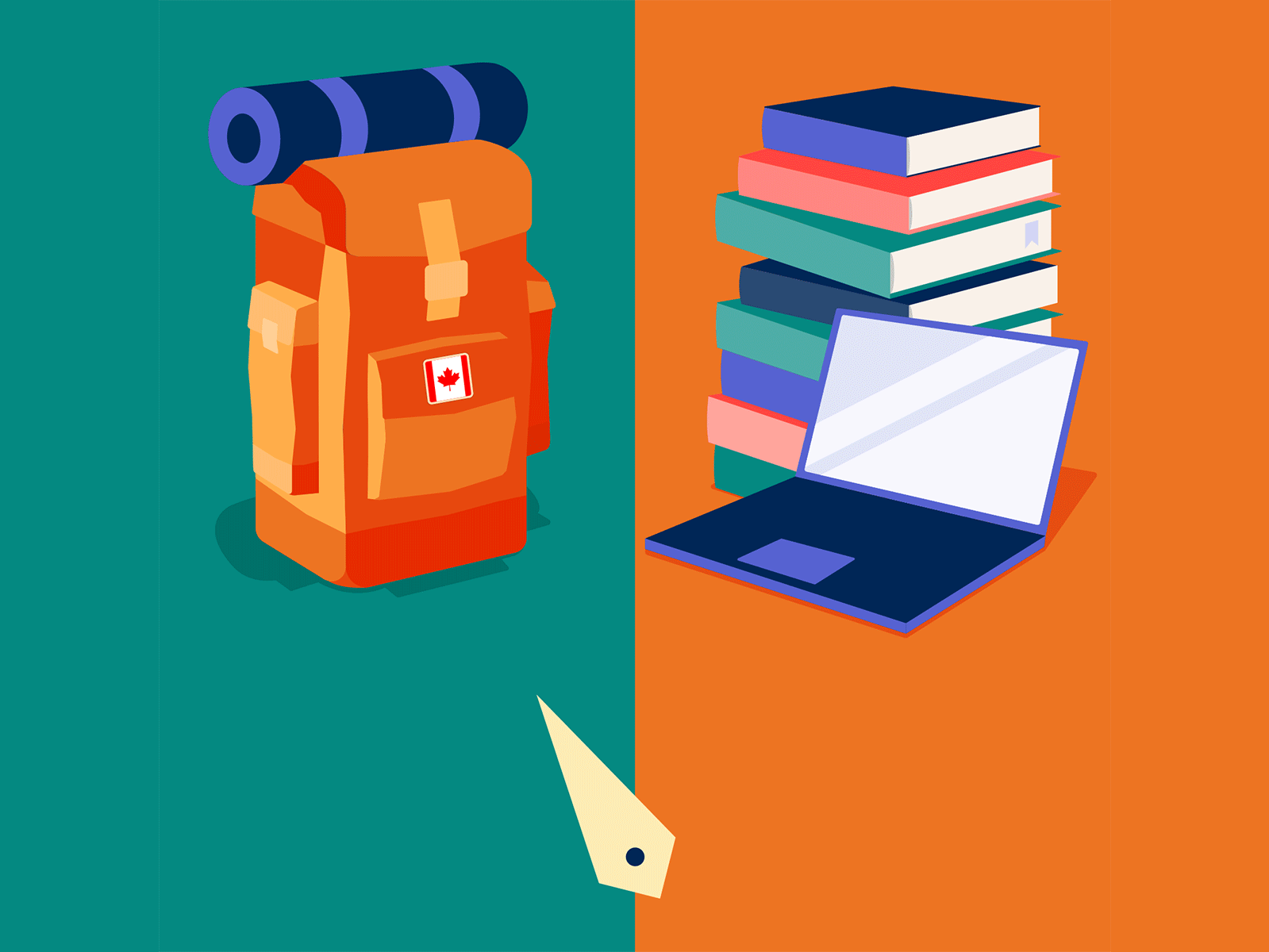 An illustration of a backpack on the left and a laptop on the right, with a pointer on the bottom swivelling between the two. 