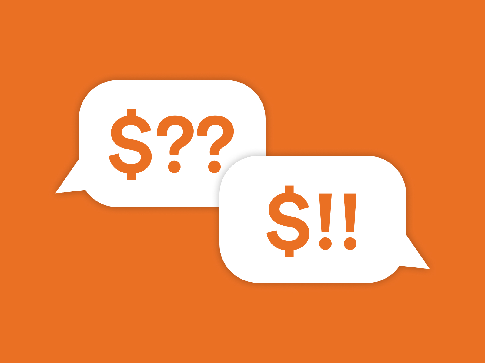 Illustration of two speech bubbles, one asking $?, the other answering $!.