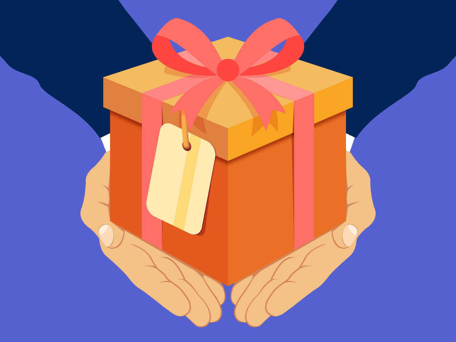 Illustration représentant des mains tenant un cadeau emballé avec une carte de crédit suspendue au ruban.