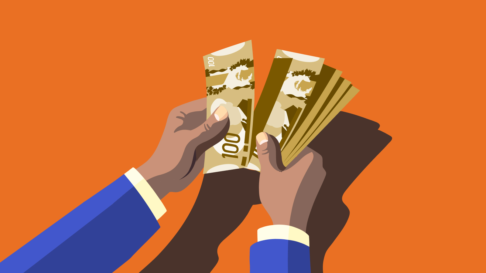 Illustration of a pair of hands counting 100-dollar bills.