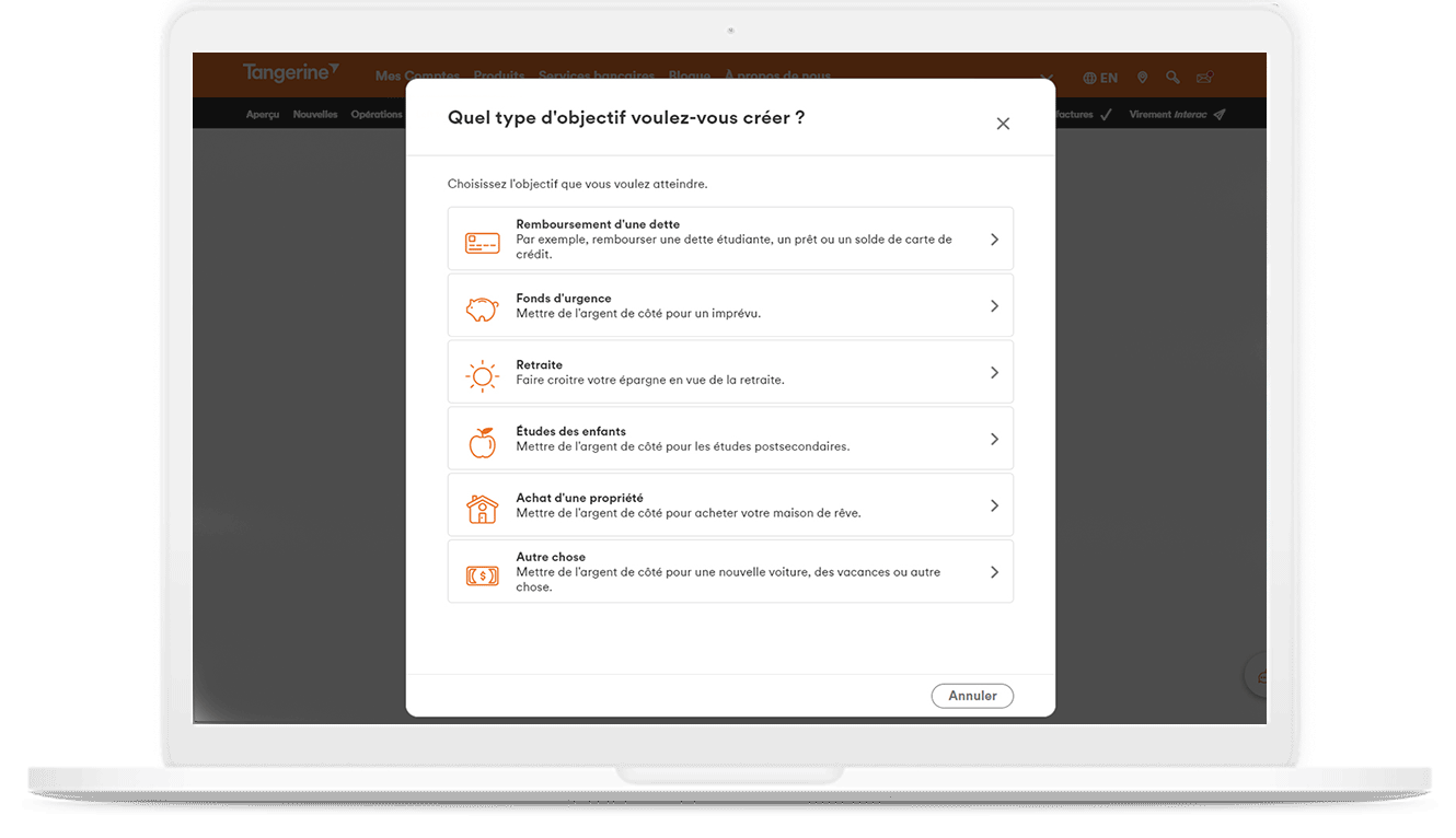 Capture d’écran du type d’objectif choisi