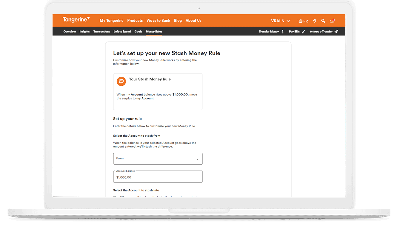 Screenshot of setting up a Money Rule