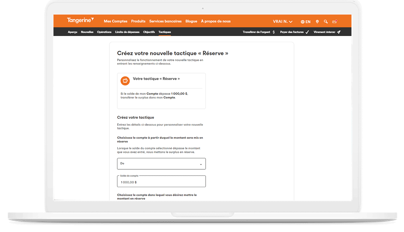 Capture d’écran de la configuration d’une Tactique
