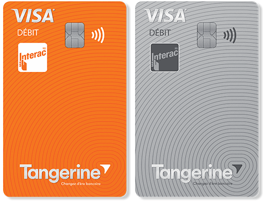 Deux options de couleur pour la carte client dotée de Visa Débit : une carte orange ou une carte grise.