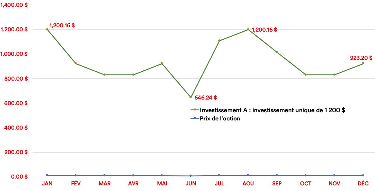 Un graphique montrant un investissement initial de 1 200 $ dans le fonds hypothétique en janvier. La valeur du portefeuille fluctue tout au long de l'année et se termine à 923 $.